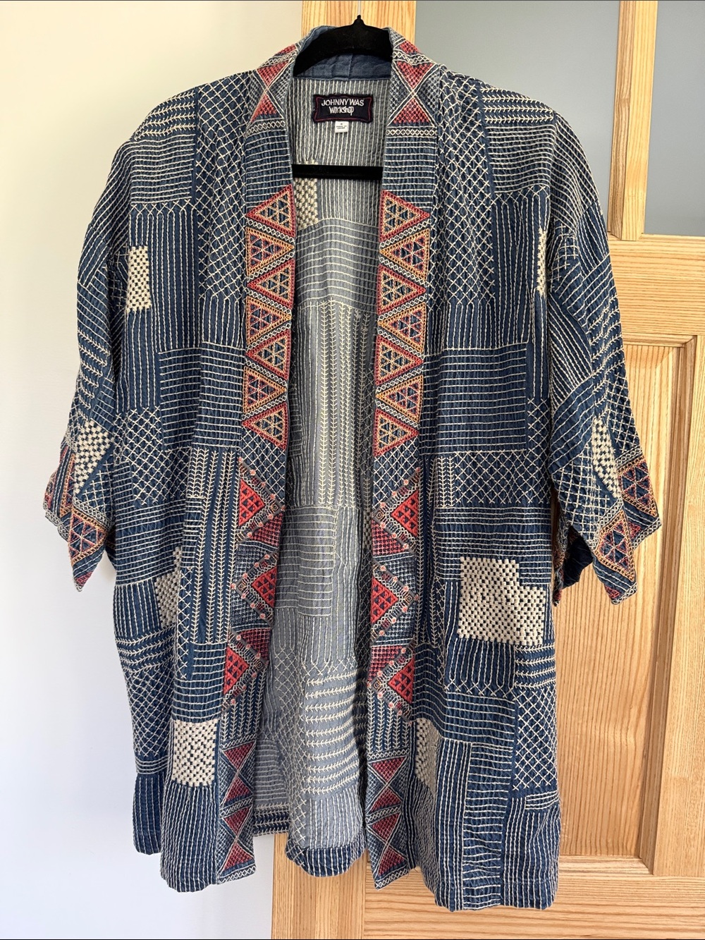 Johnny Was Navy Indigo Patchwork Kimono Jacket with Red Trim